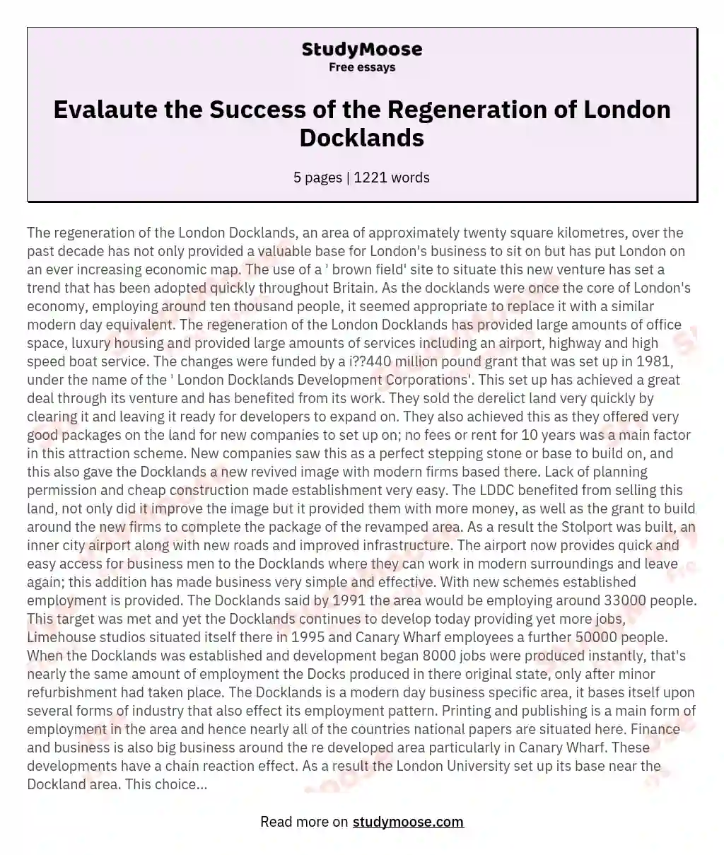 Evalaute the Success of the Regeneration of London Docklands
