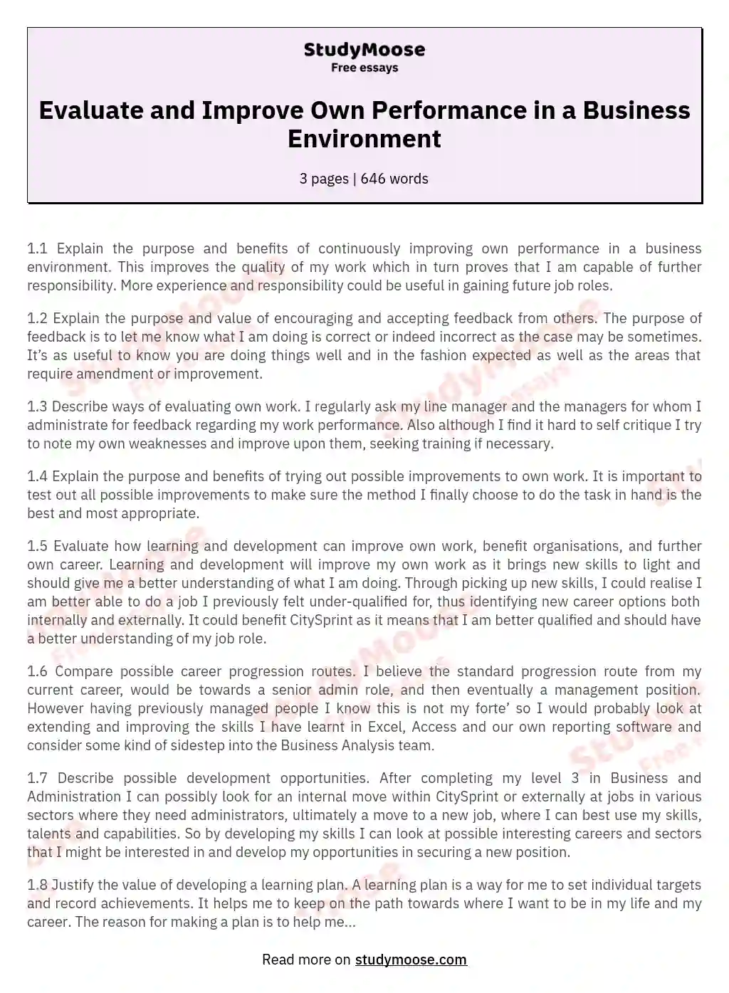 Evaluate and Improve Own Performance in a Business Environment essay