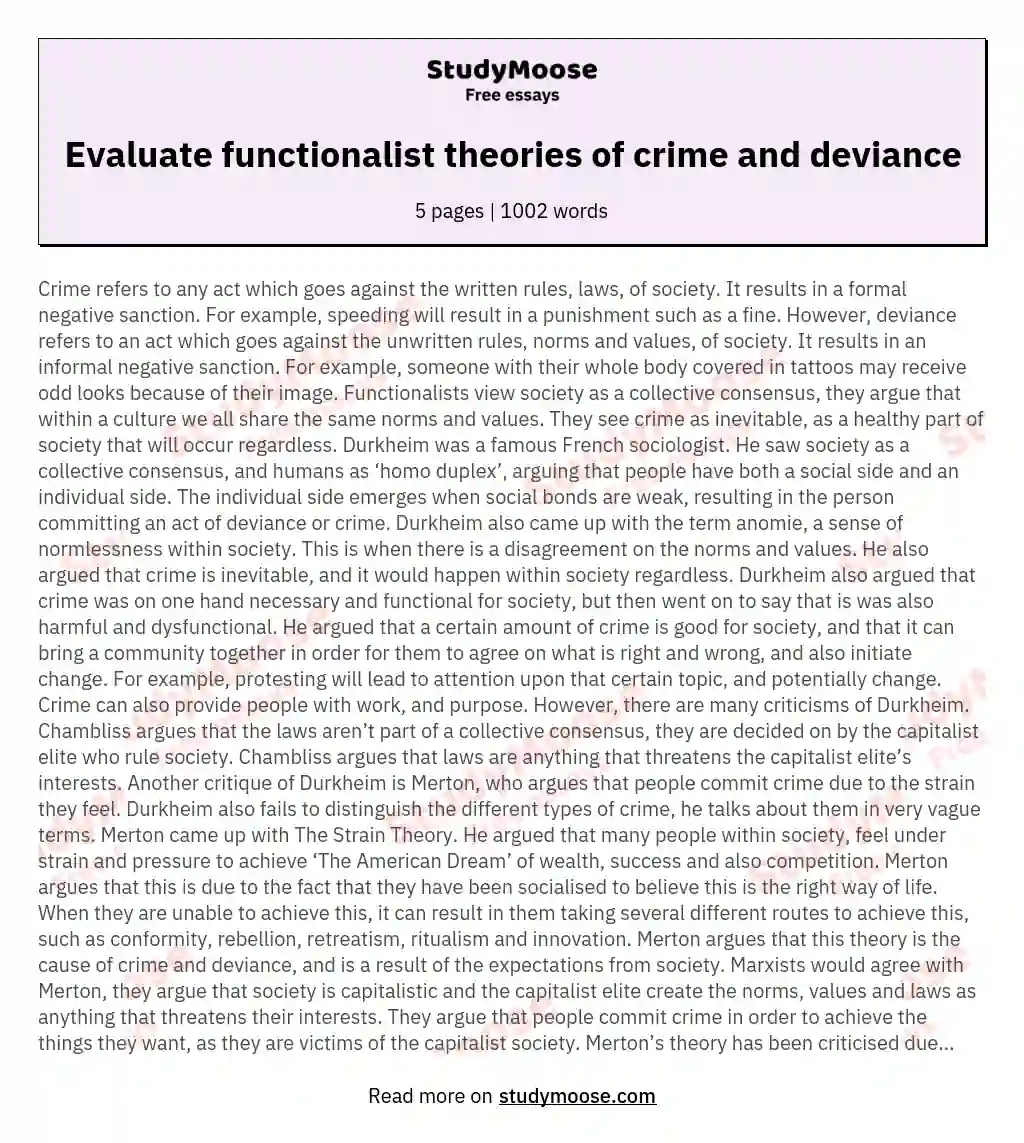 Evaluate functionalist theories of crime and deviance essay