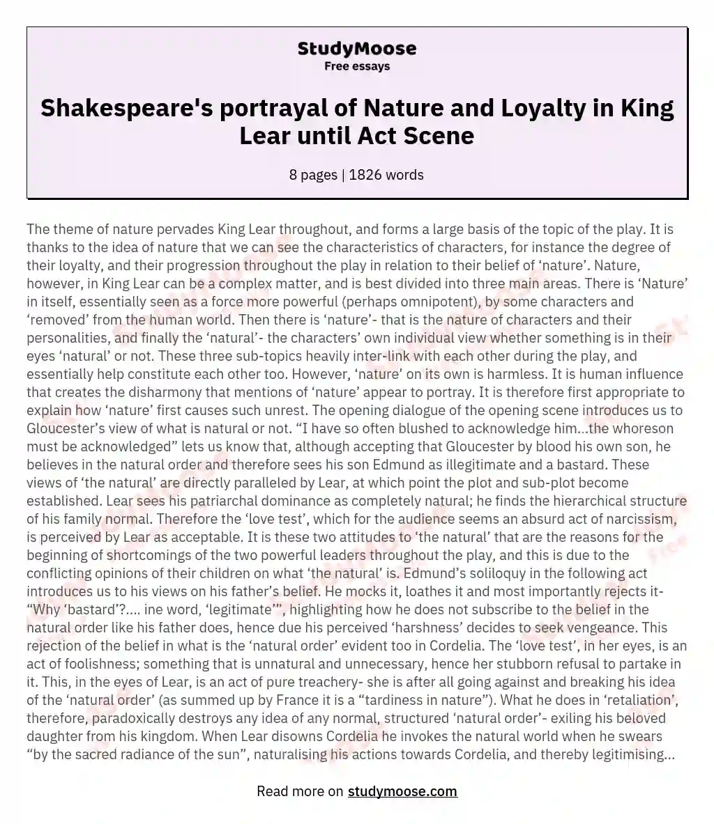 Evaluate Shakespeares portrayal of Nature and loyalty in King Lear up to Act 2 Scene 1?