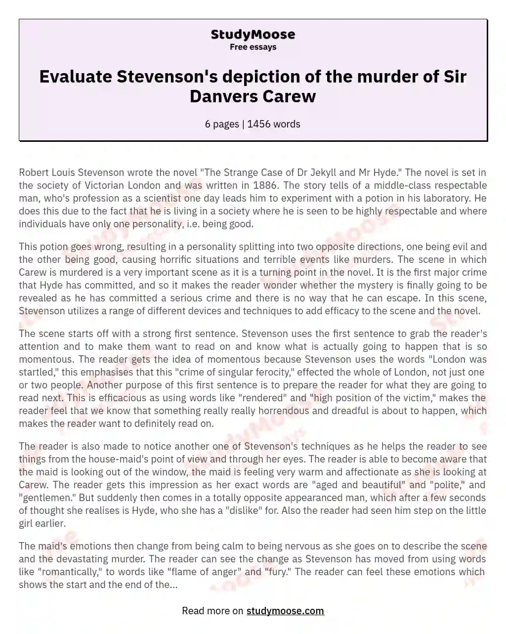 Evaluate Stevenson's depiction of the murder of Sir Danvers Carew essay