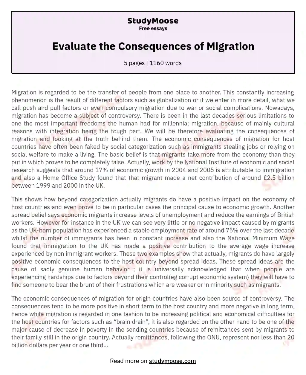Evaluate the Consequences of Migration essay