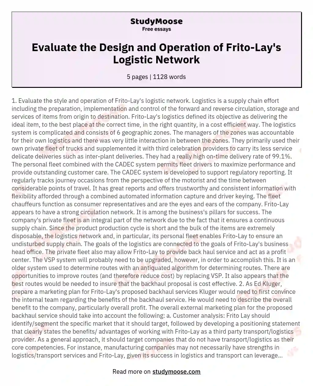 Evaluate the Design and Operation of Frito-Lay's Logistic Network essay