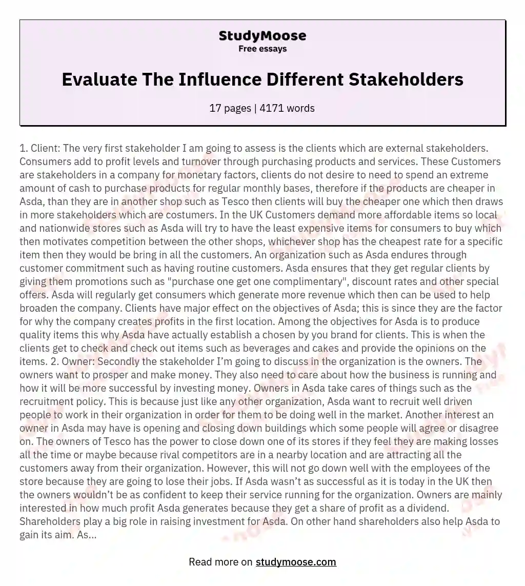 Evaluate The Influence Different Stakeholders