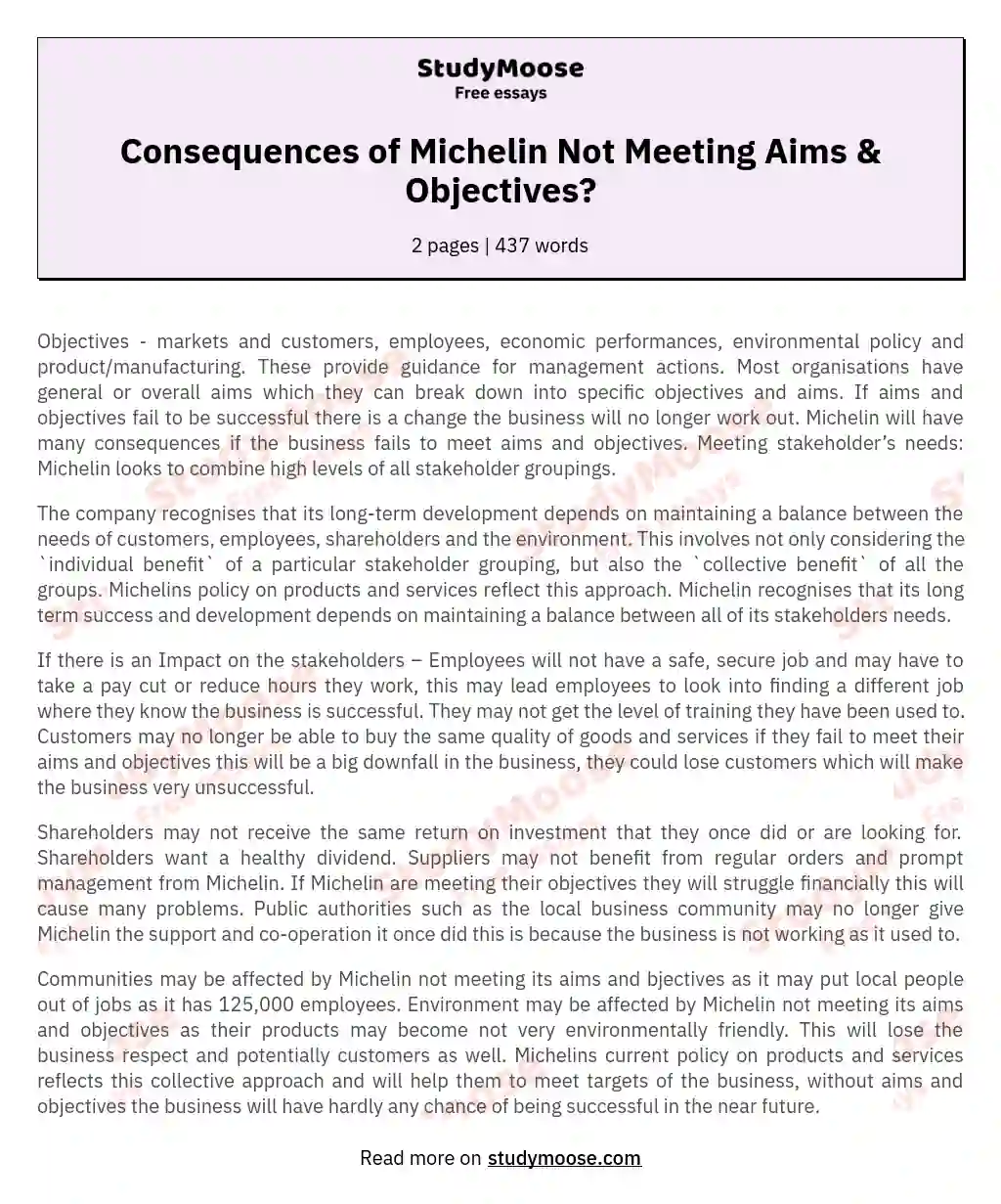 Consequences of Michelin Not Meeting Aims & Objectives? essay