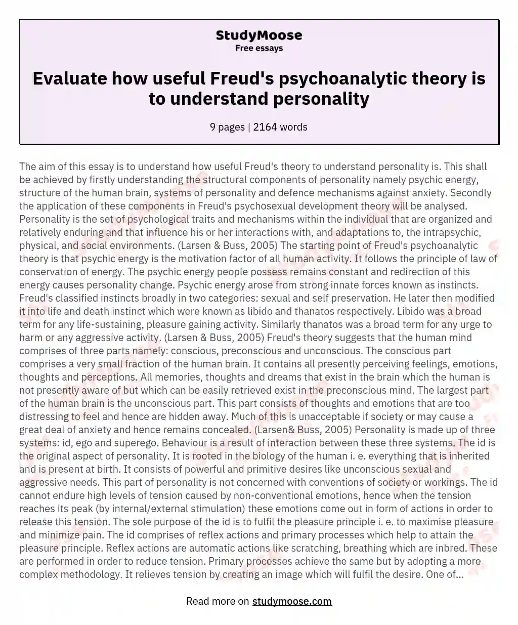 psychoanalytic theory by sigmund freud essay