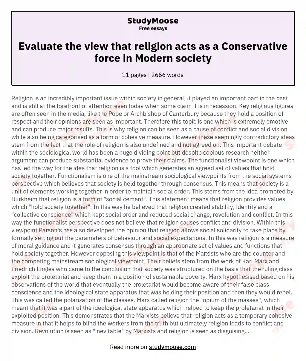 Evaluate the view that religion acts as a Conservative force in Modern society essay