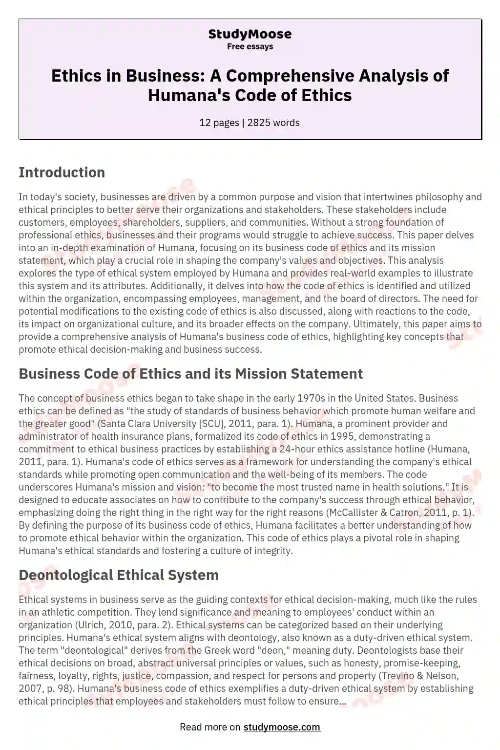 Ethics in Business: A Comprehensive Analysis of Humana's Code of Ethics essay
