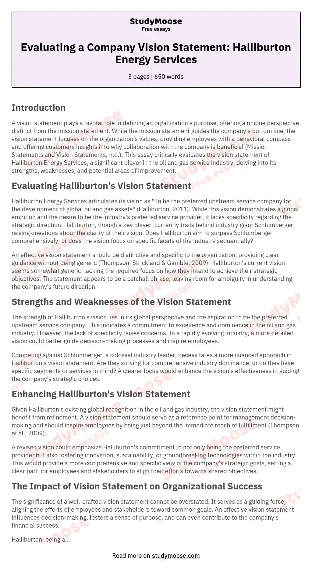 Evaluating a Company Vision Statement: Halliburton Energy Services essay
