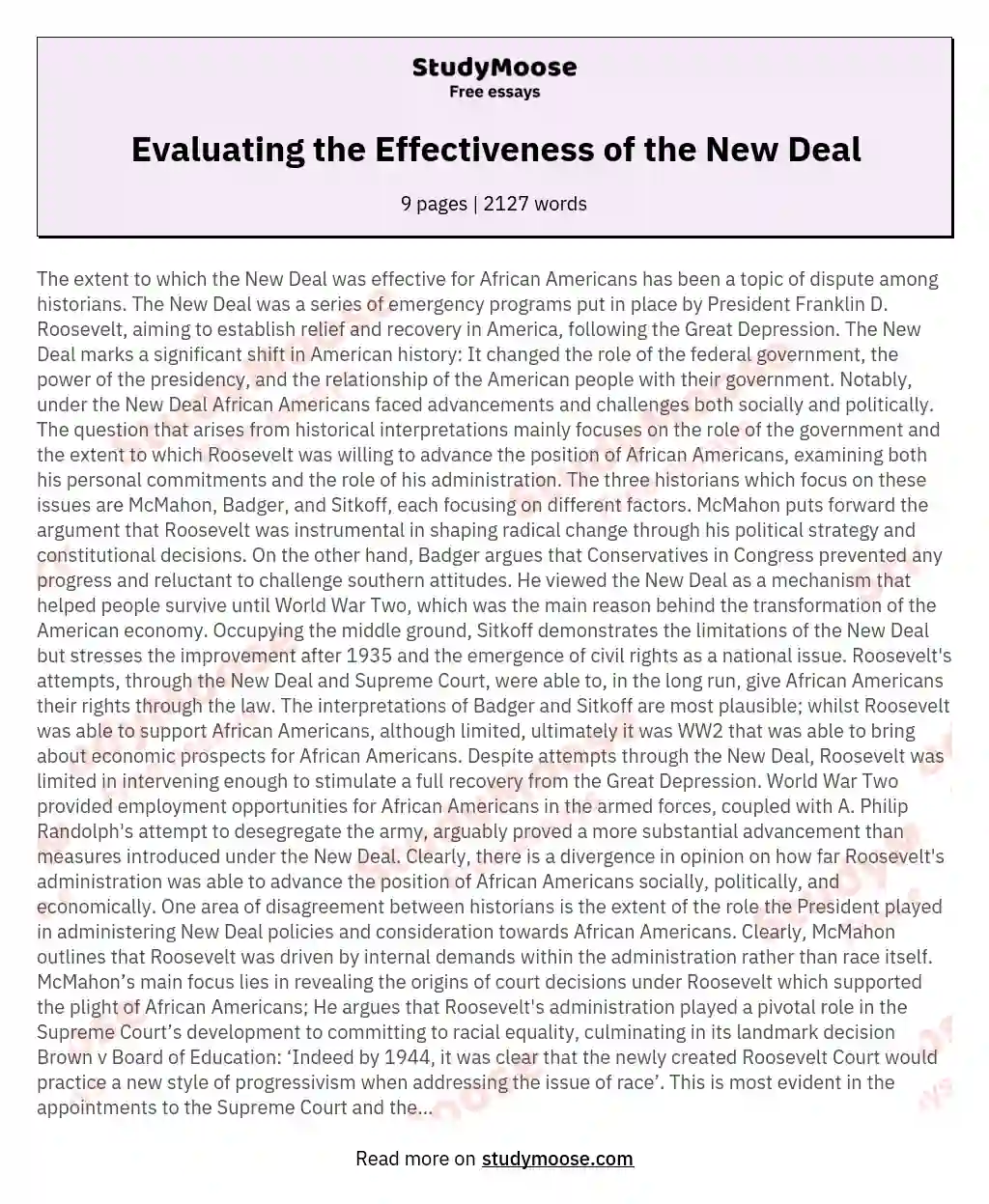 Evaluating the Effectiveness of the New Deal essay