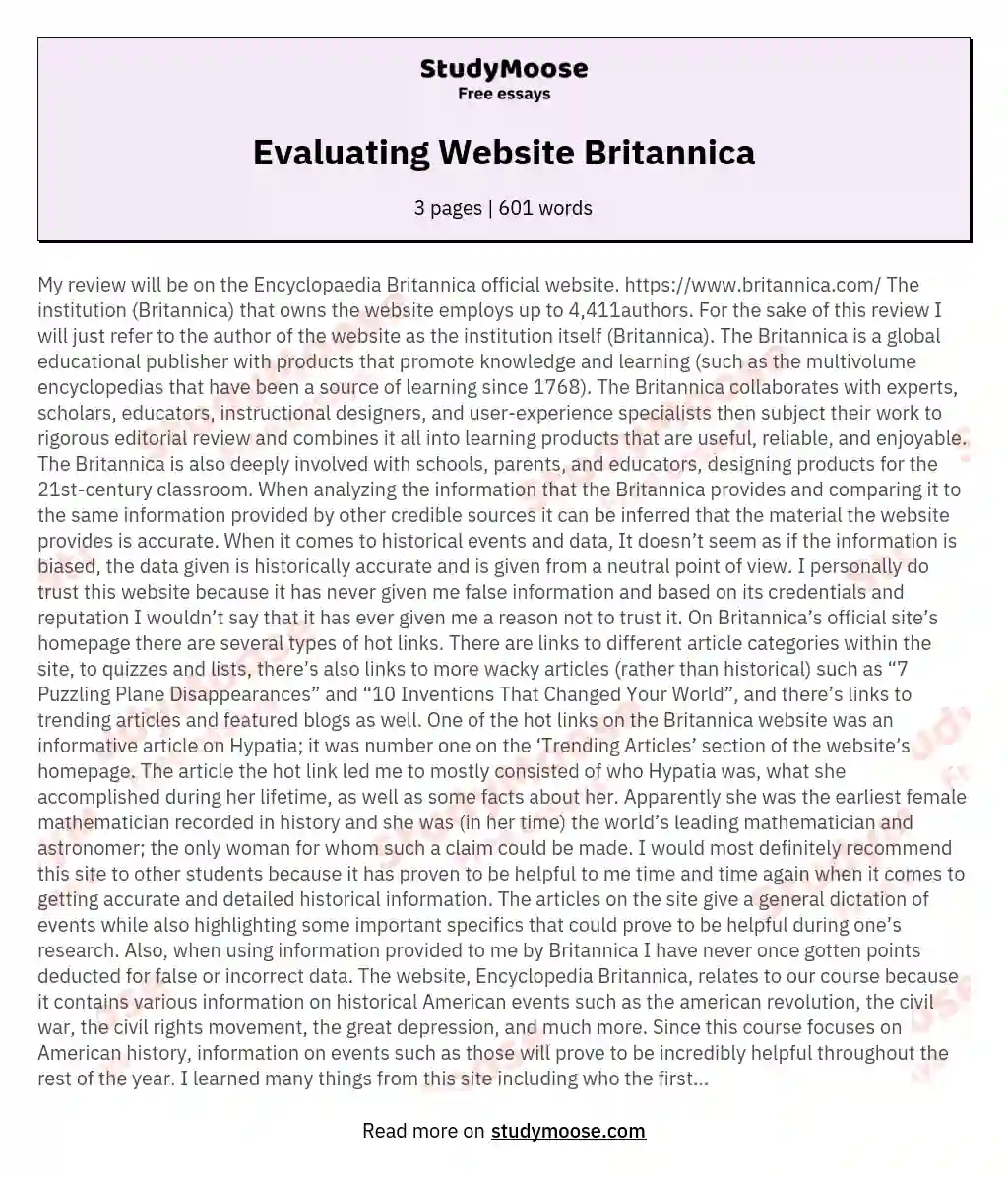 Evaluating Website Britannica essay
