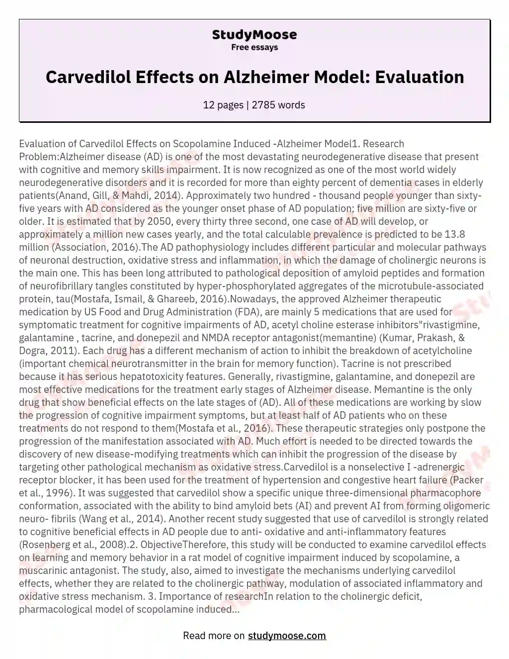 Evaluation of Carvedilol Effects on Scopolamine Induced Alzheimer Model1 Research ProblemAlzheimer disease