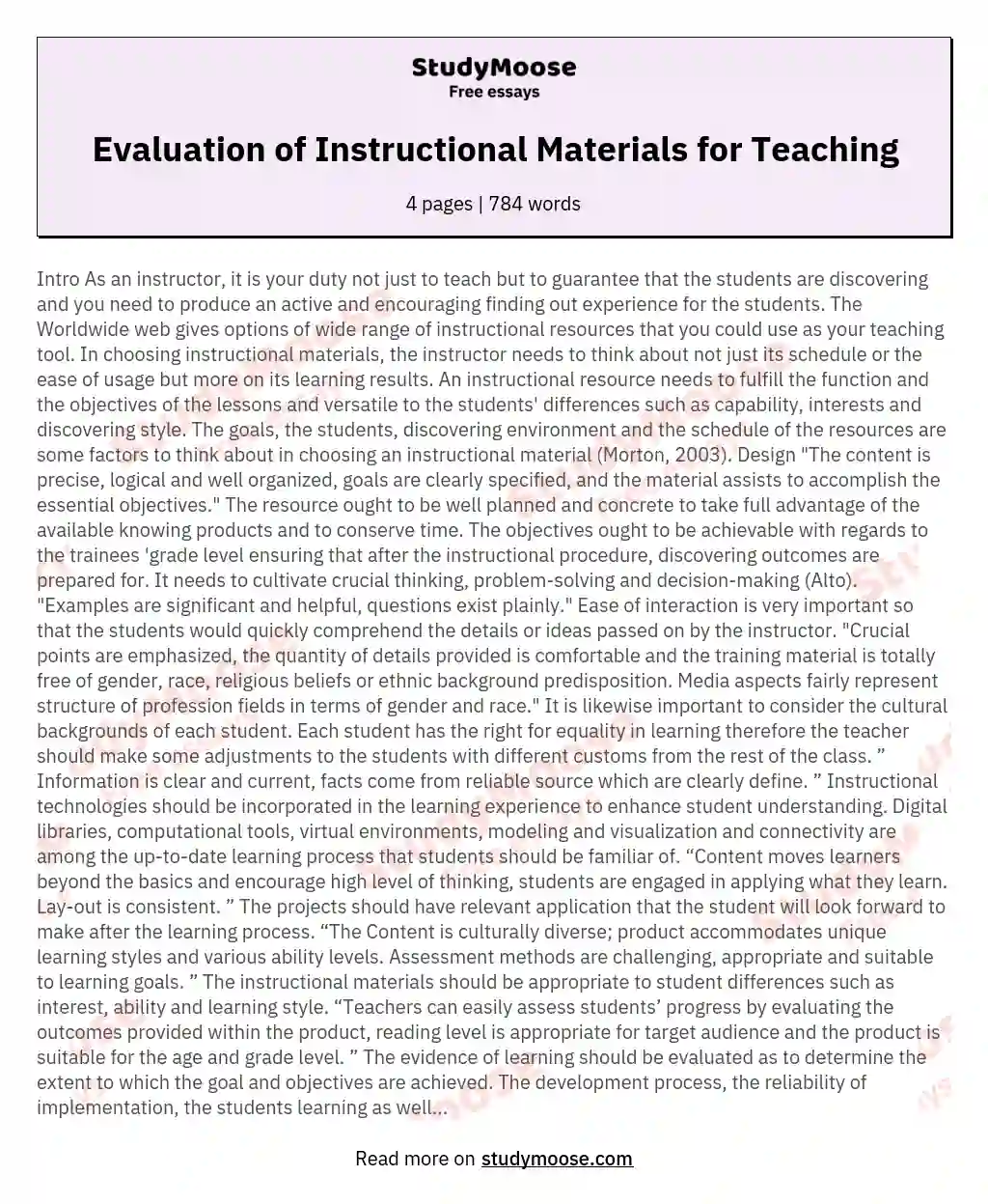 Evaluation of Instructional Materials for Teaching essay