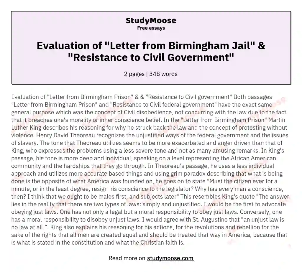 Evaluation of "Letter from Birmingham Jail" &amp; "Resistance to Civil Government" essay