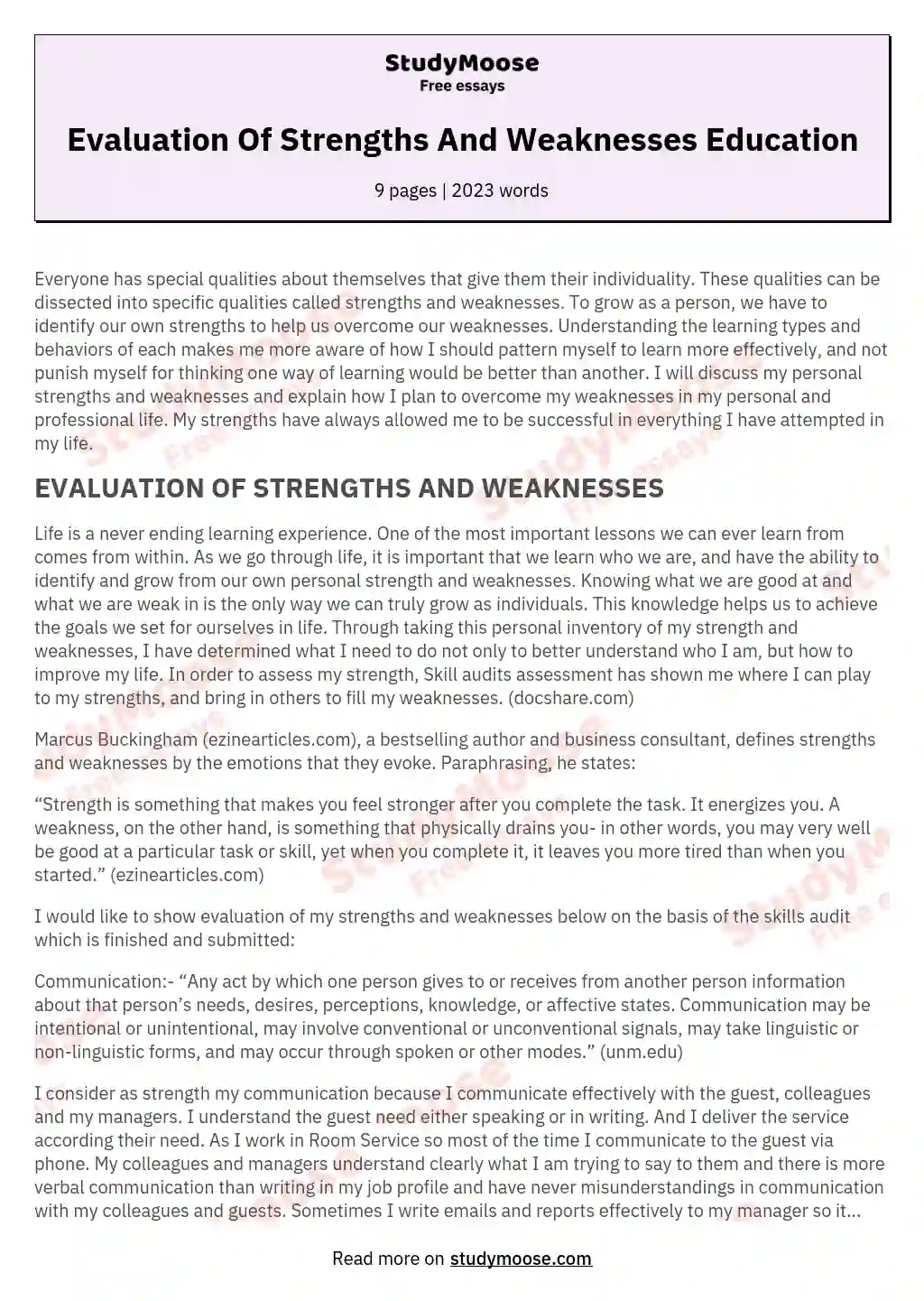 Evaluation Of Strengths And Weaknesses Education essay