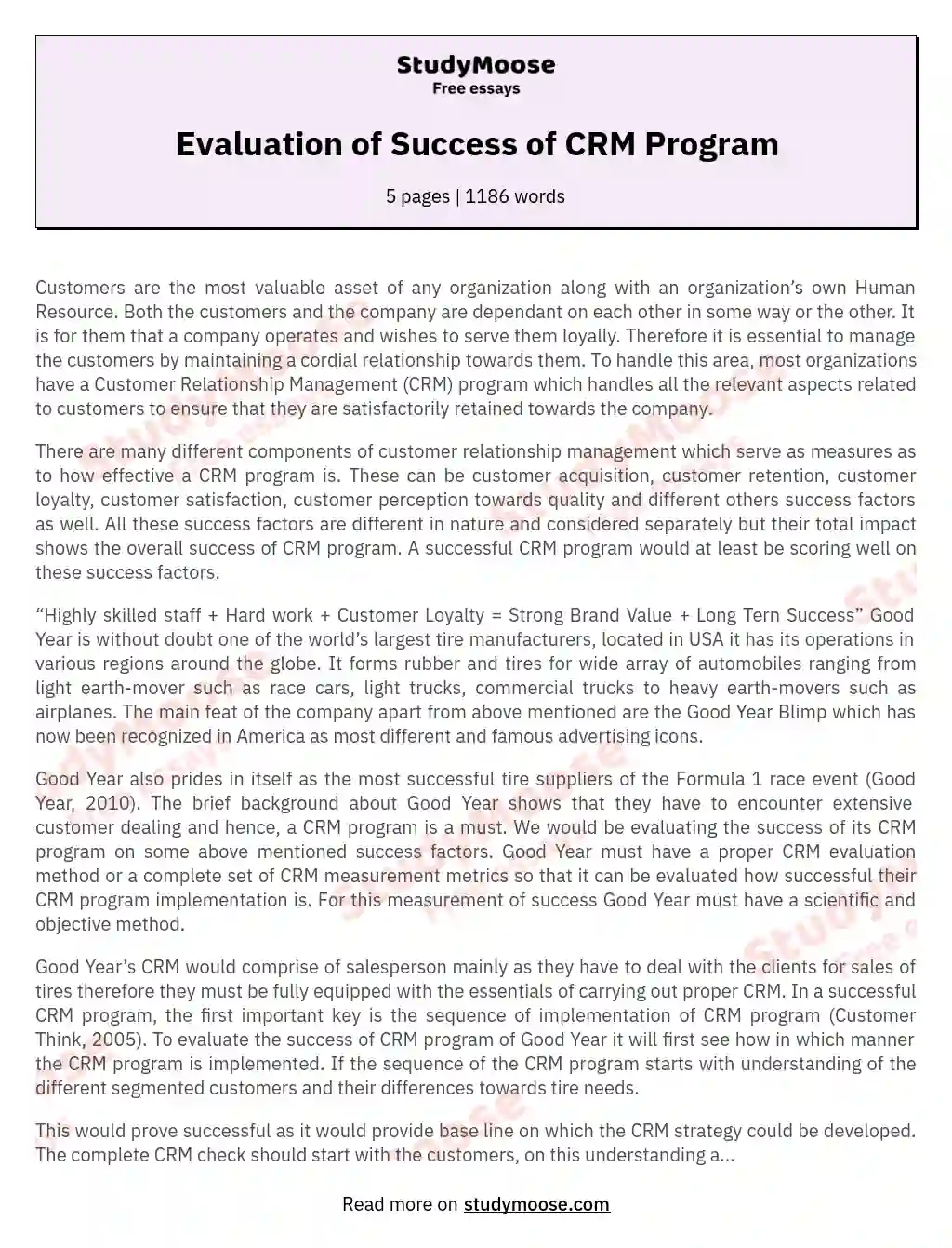 Evaluation of Success of CRM Program essay