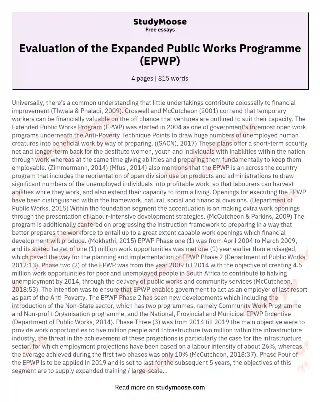 Evaluation of the Expanded Public Works Programme (EPWP) essay