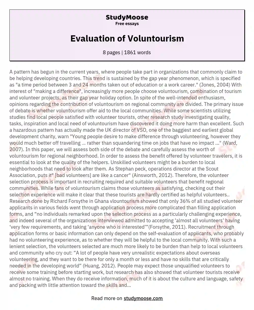 Evaluation of Voluntourism