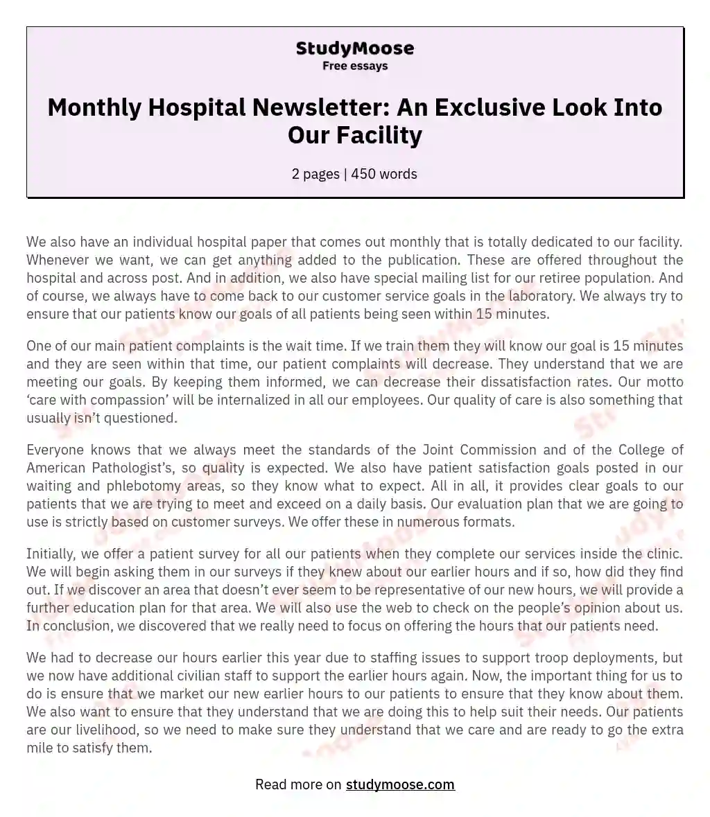 Monthly Hospital Newsletter: An Exclusive Look Into Our Facility essay