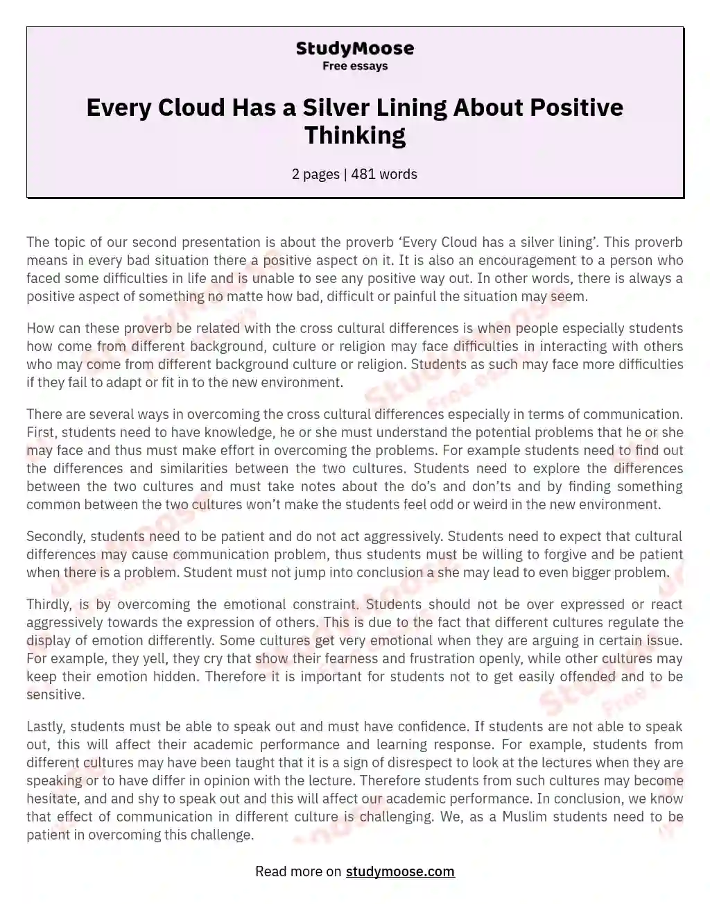 Every Cloud Has a Silver Lining About Positive Thinking essay