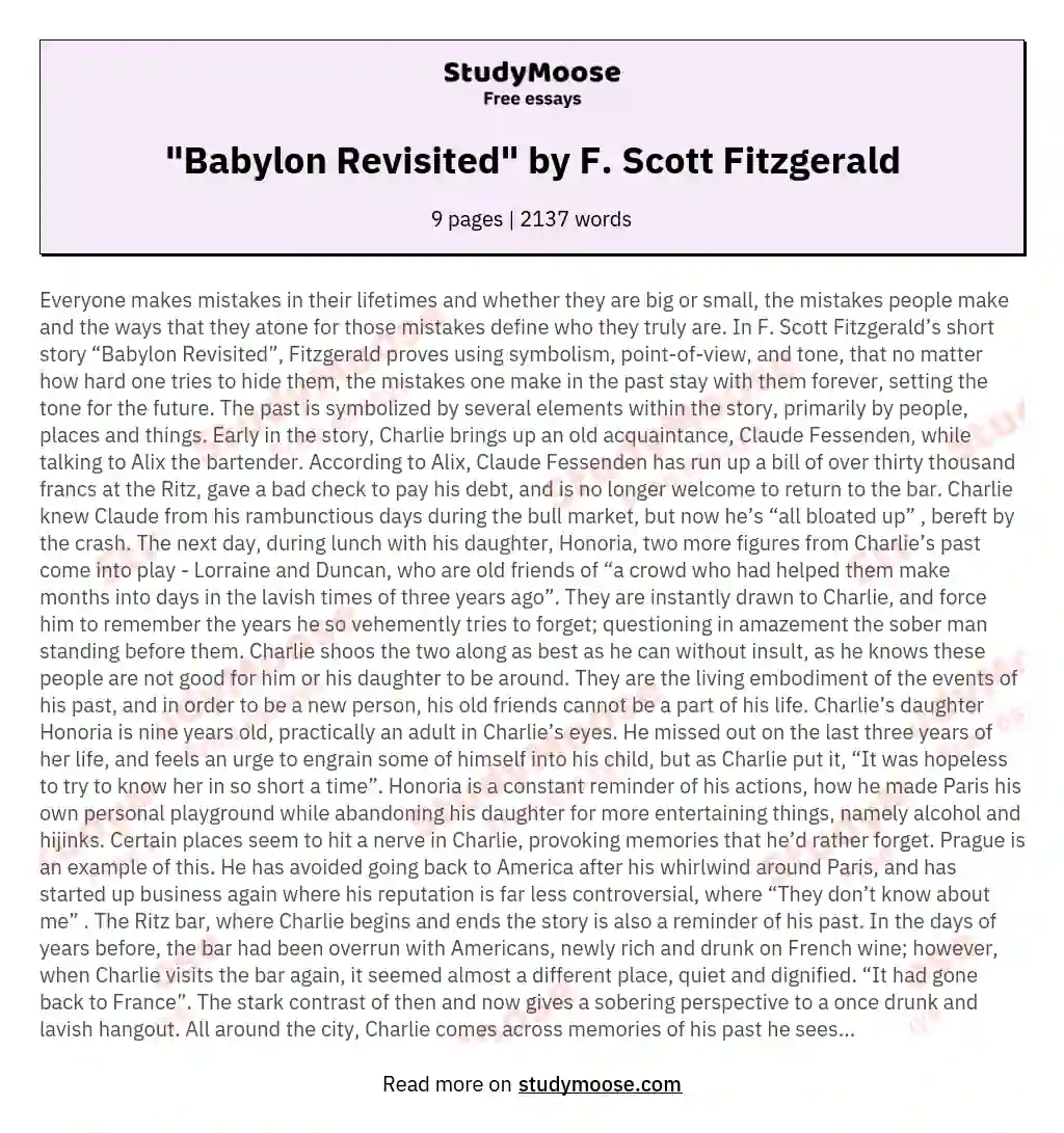 "Babylon Revisited" by F. Scott Fitzgerald essay