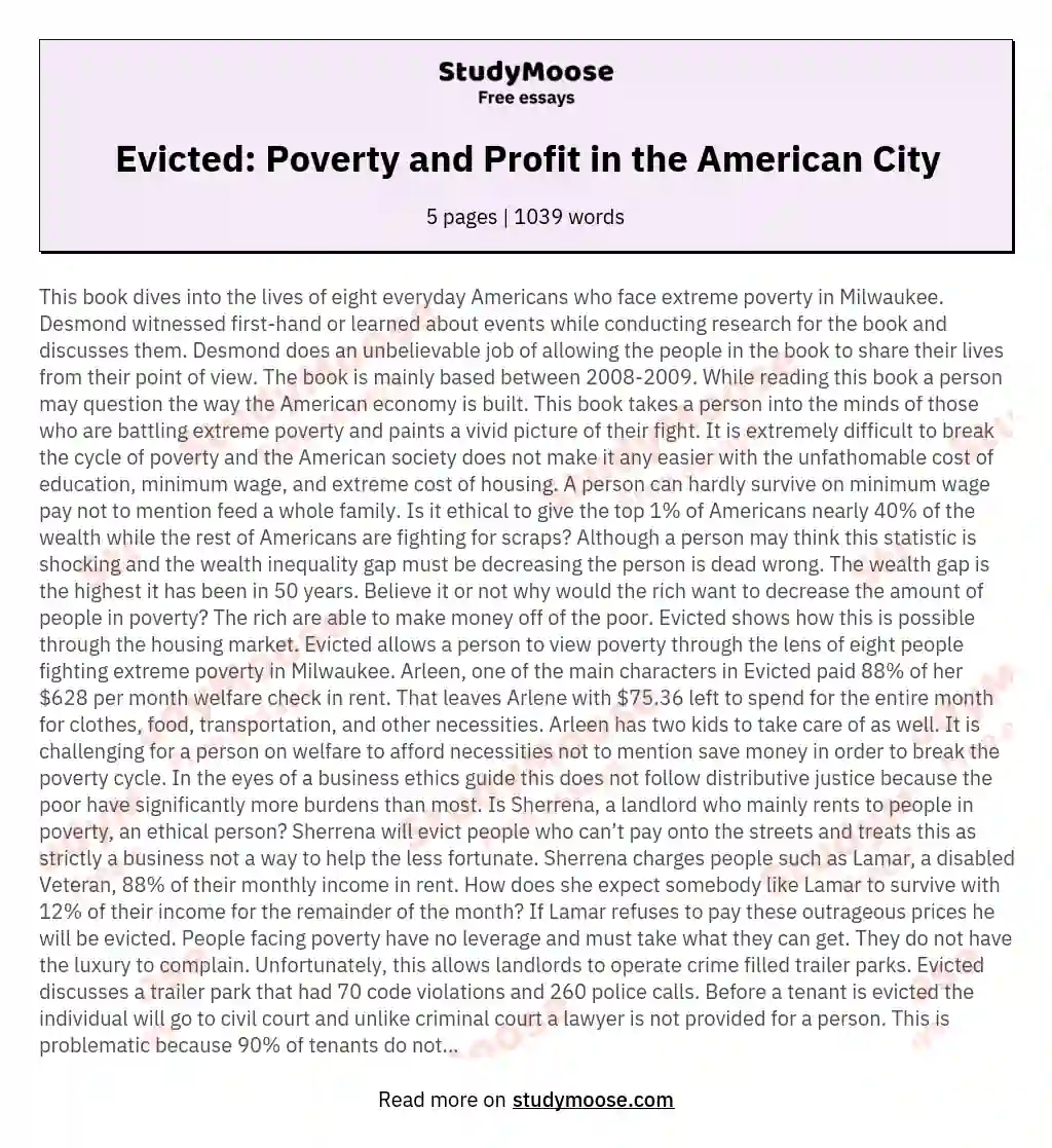 Evicted: Poverty and Profit in the American City essay