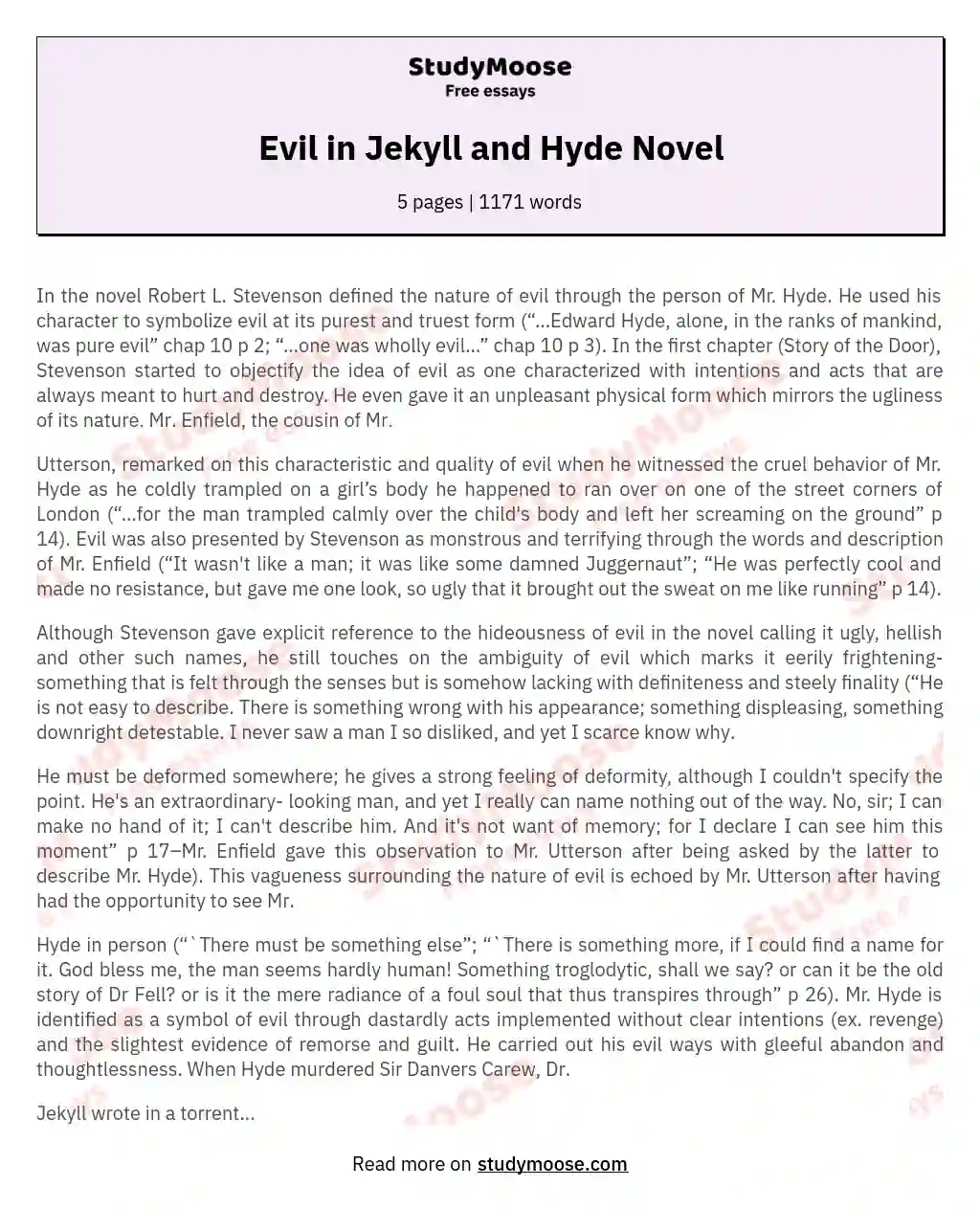 Evil in Jekyll and Hyde Novel essay