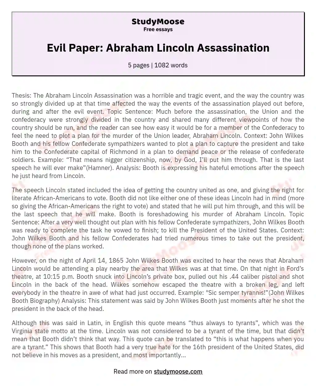Реферат: Assassination Of Abraham Lincoln Essay Research Paper