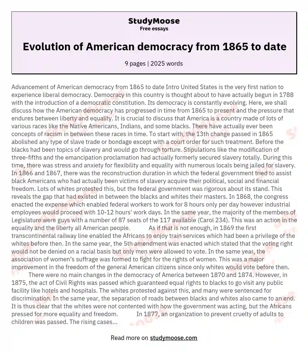 Evolution of American democracy from 1865 to date essay