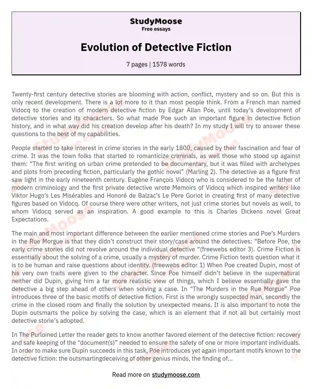 Evolution Of Detective Fiction Free Essay Example