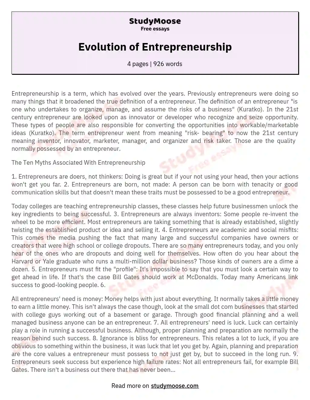 Evolution of Entrepreneurship essay