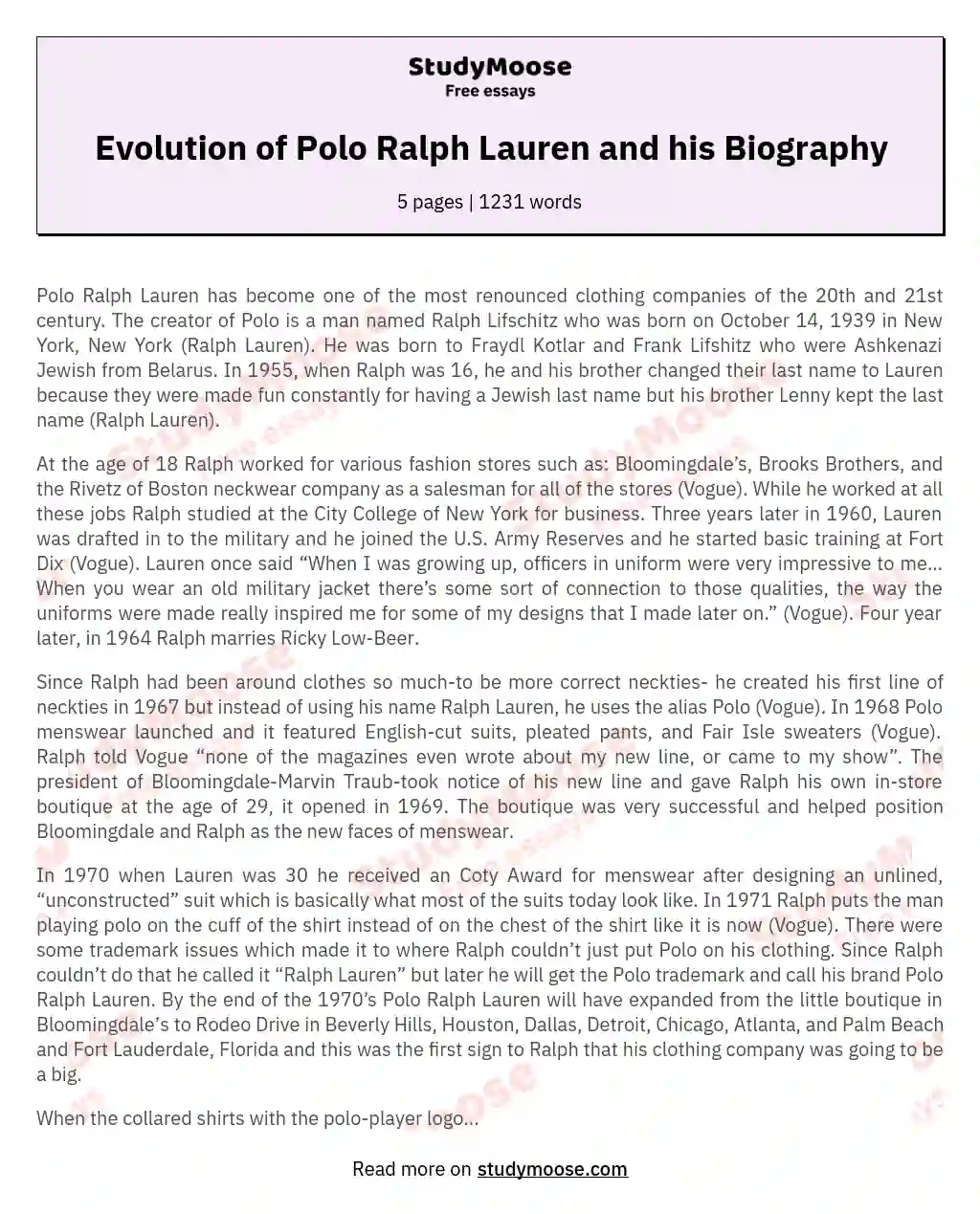 Evolution of Polo Ralph Lauren and his Biography essay