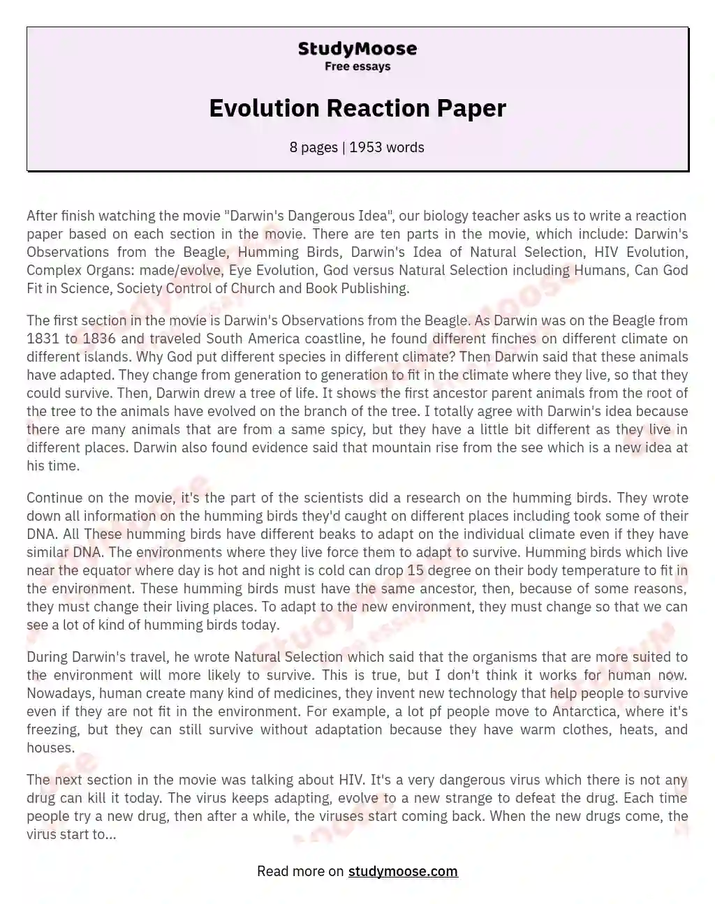Evolution Reaction Paper essay