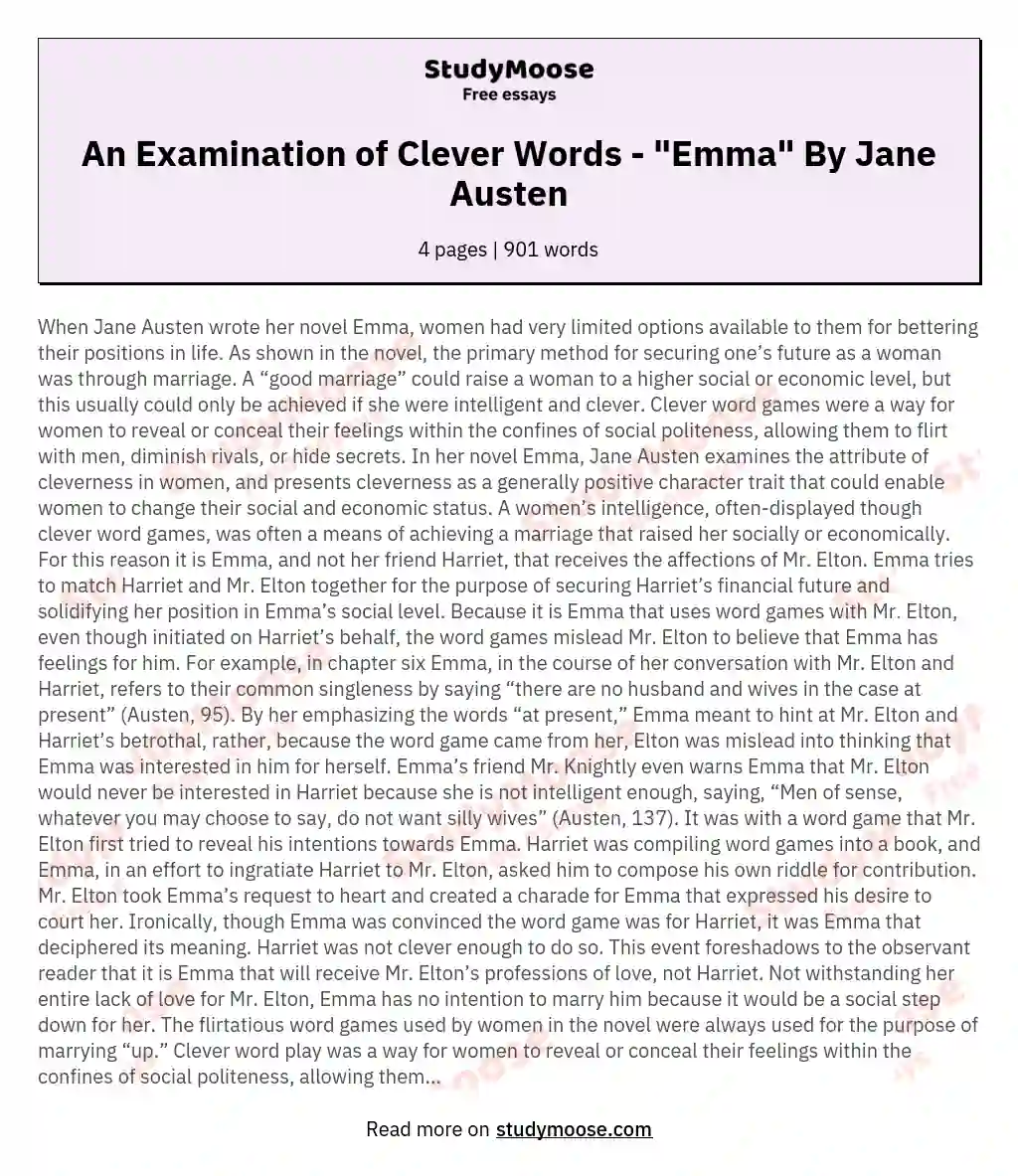 An Examination of Clever Words - "Emma" By Jane Austen