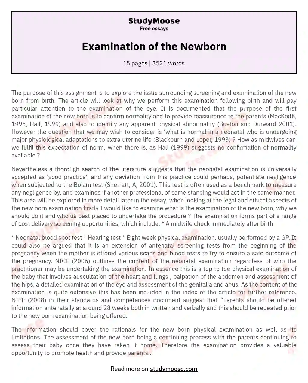 Examination of the Newborn essay