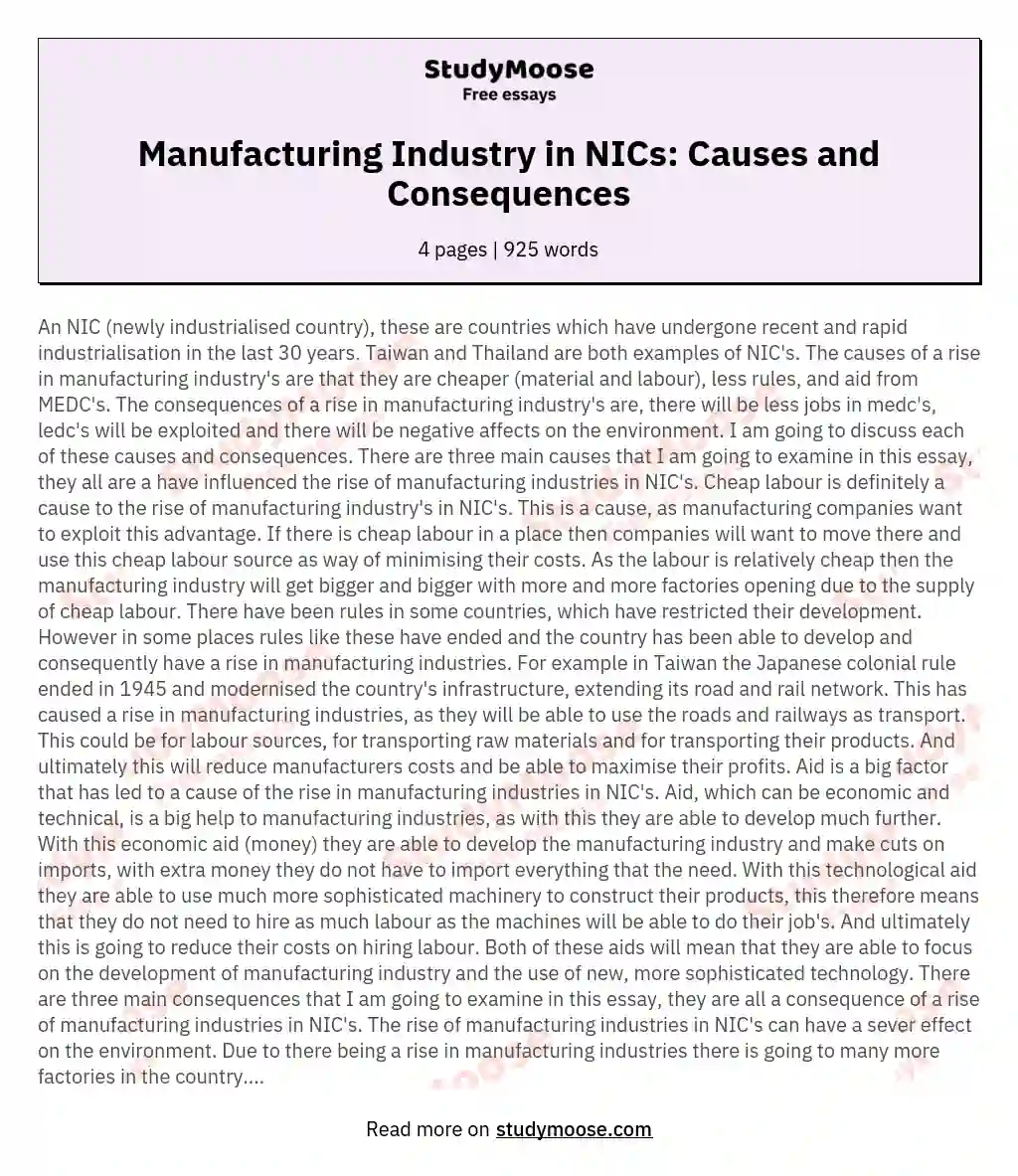 Manufacturing Industry in NICs: Causes and Consequences essay