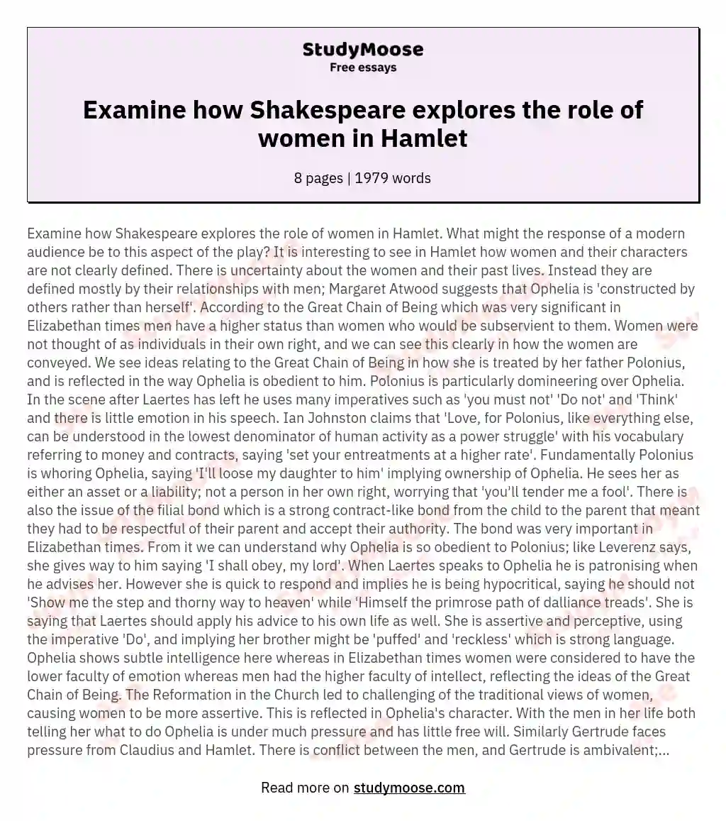 Examine how Shakespeare explores the role of women in Hamlet essay