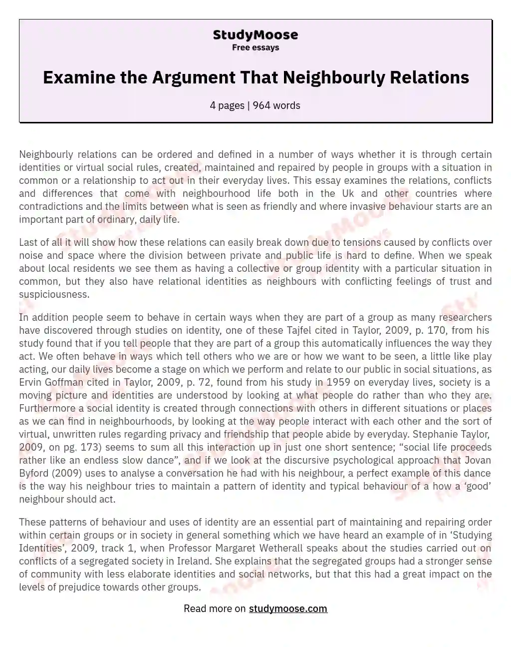 Examine the Argument That Neighbourly Relations essay