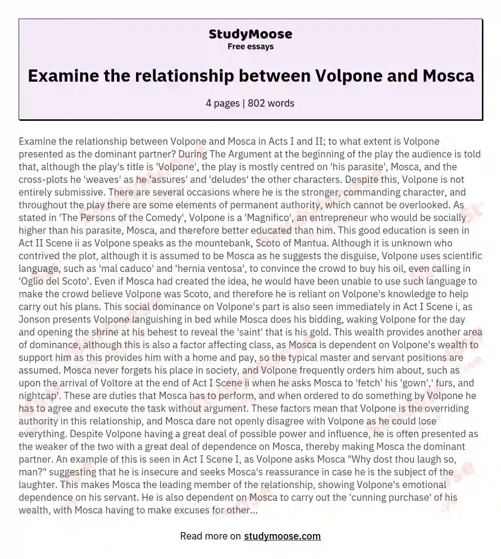 Examine the relationship between Volpone and Mosca essay