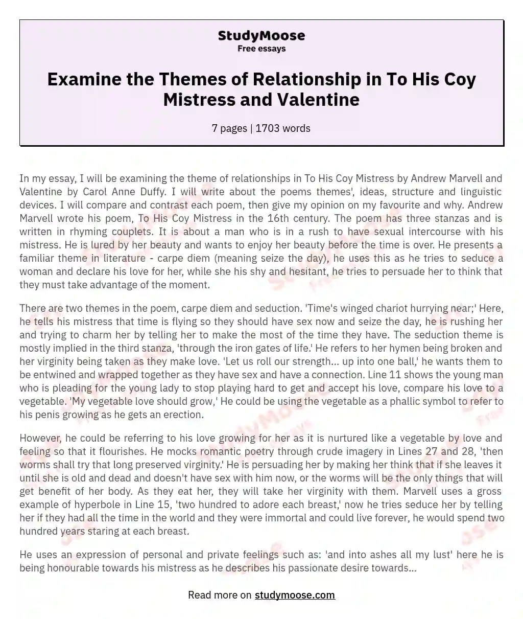 Examine the Themes of Relationship in To His Coy Mistress and Valentine