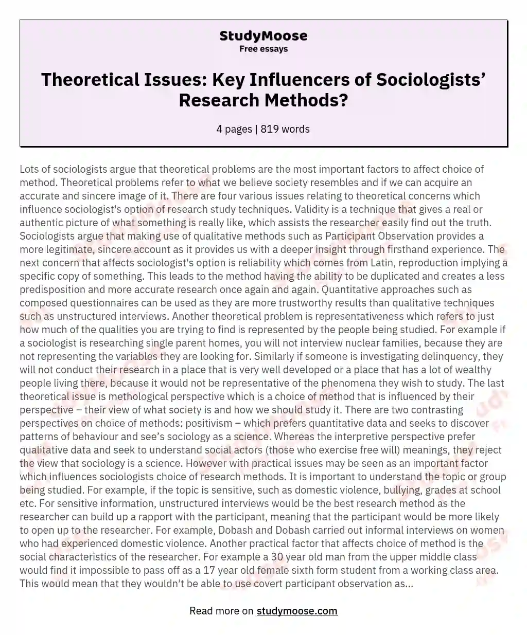 Theoretical Issues: Key Influencers of Sociologists’ Research Methods? essay