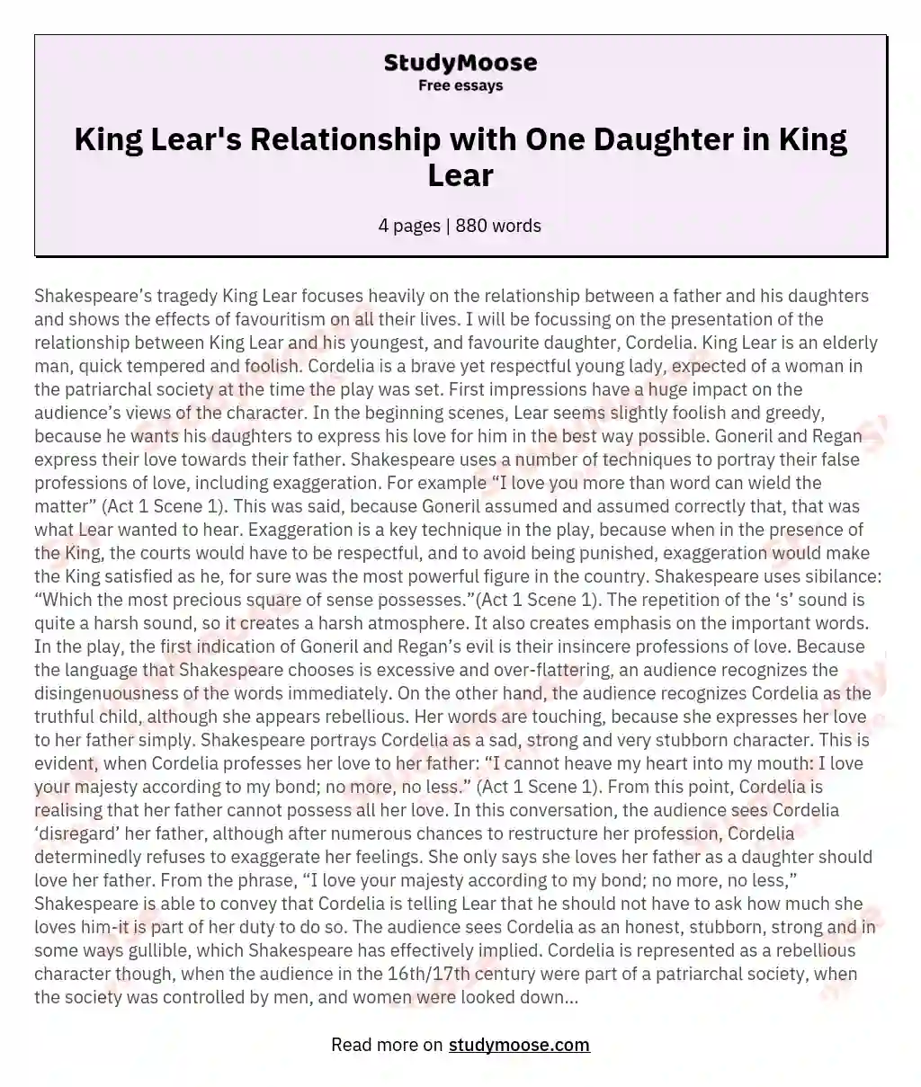 King Lear's Relationship with One Daughter in King Lear