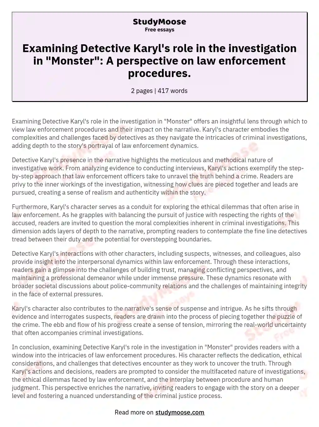 Examining Detective Karyl's role in the investigation in "Monster": A perspective on law enforcement procedures. essay