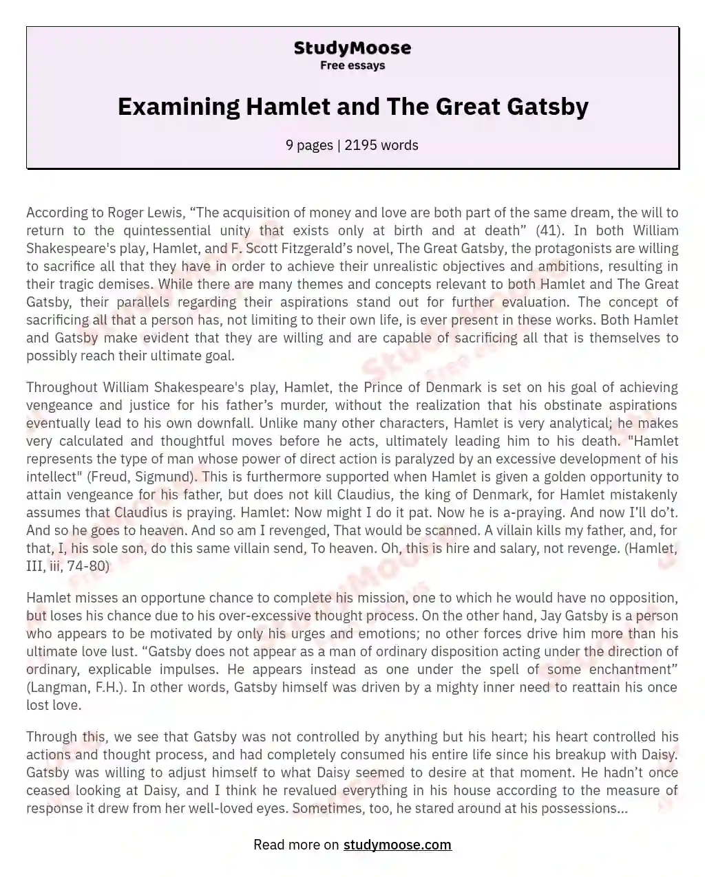 hamlet and the great gatsby comparison essay