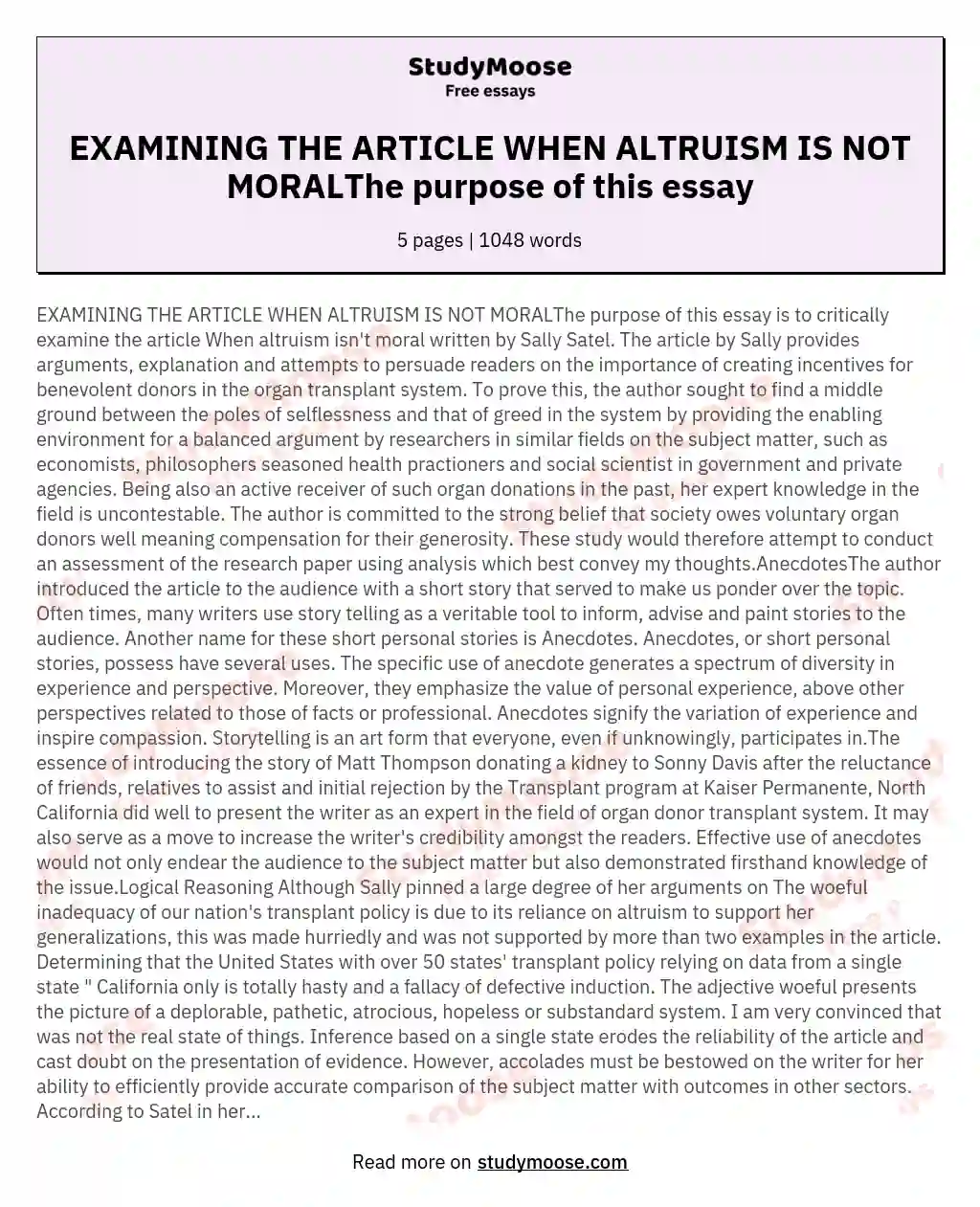 EXAMINING THE ARTICLE WHEN ALTRUISM IS NOT MORALThe purpose of this essay essay