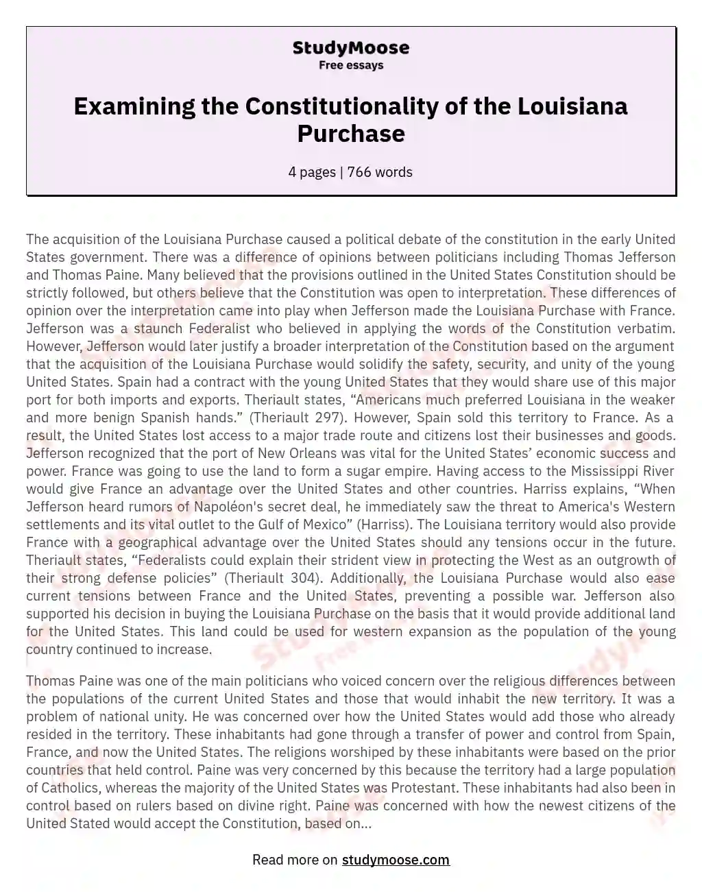 Examining the Constitutionality of the Louisiana Purchase essay