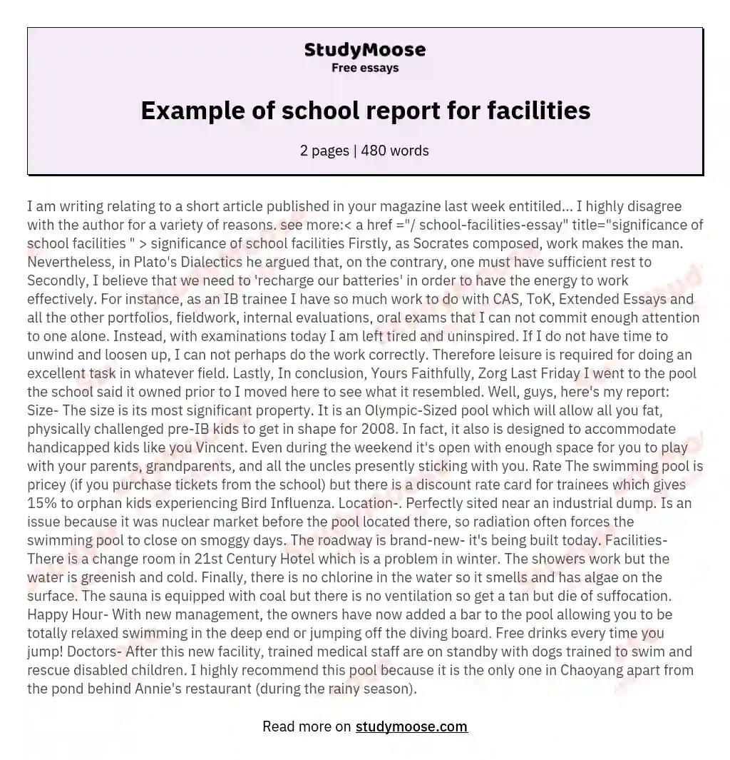 Example of school report for facilities essay