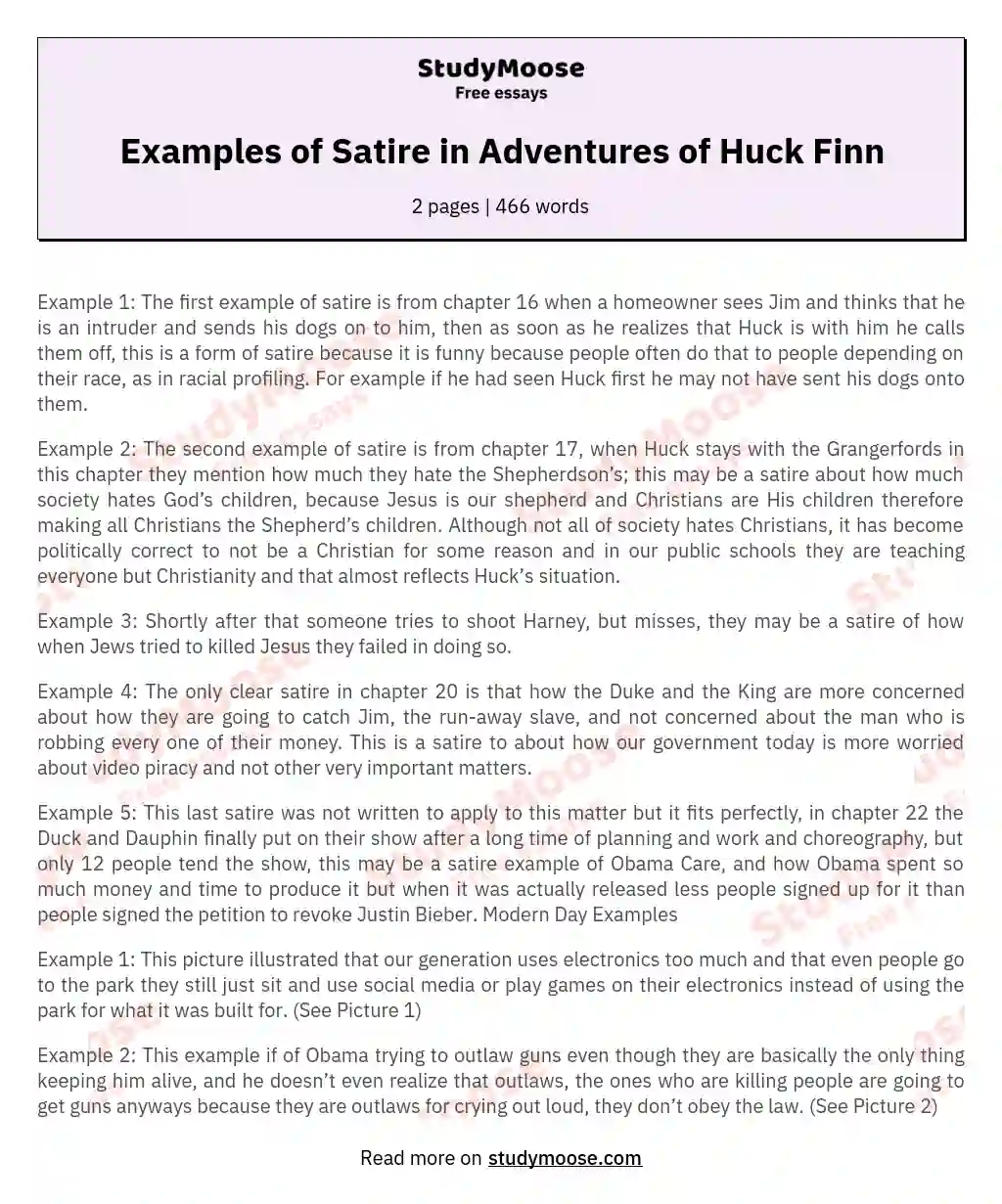 Examples of Satire in Adventures of Huck Finn essay