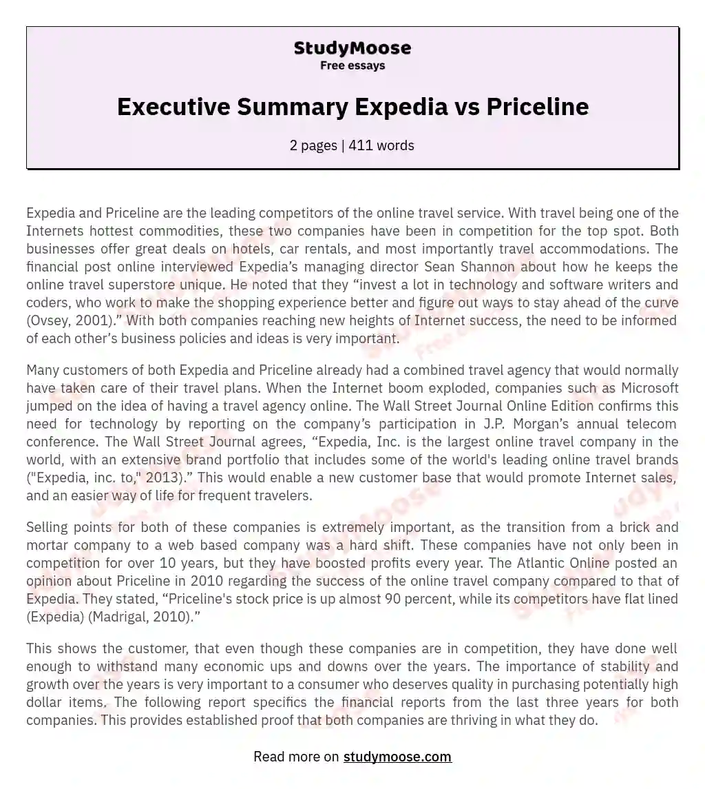 Executive Summary Expedia vs Priceline essay