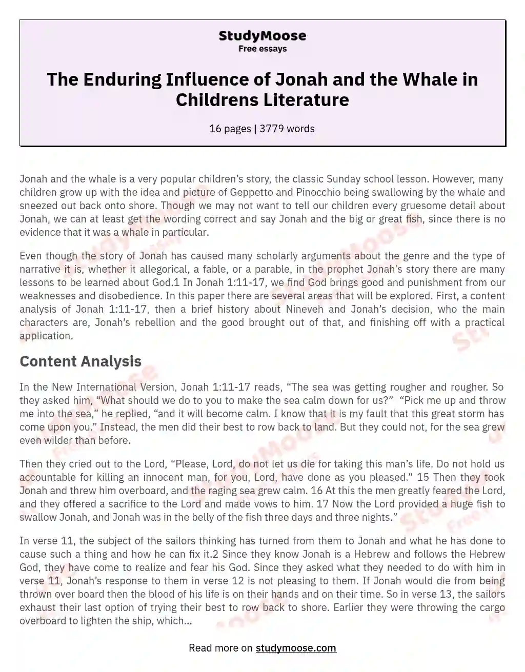 The Enduring Influence of Jonah and the Whale in Childrens Literature essay